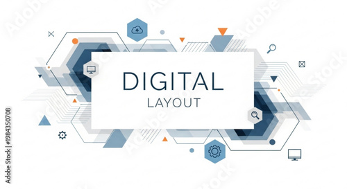 A modern digital layout graphic with geometric shapes and icons on a white background