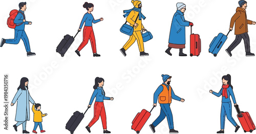 People Walking with Suitcases Set, Travelers with Luggage in Different Poses, Airport Travel and Journey Lifestyle Vector Illustration Collection