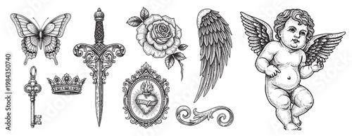 Vintage gothic angelic art, element vector set