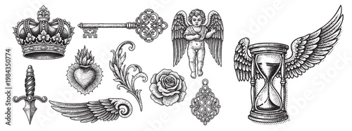 Vintage gothic angelic art, element vector set