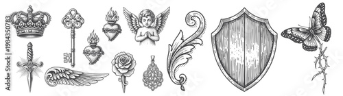 Vintage gothic angelic art, element vector set