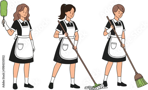 Cleaning Staff Worker Set with Maid Holding Mop, Broom and Duster, Housekeeping Service and Janitor Activities Vector Illustration Collection