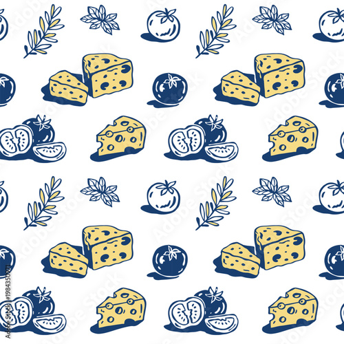 Mediterranean hand-drawn whimsical vector seamless pattern with cheese, cherry tomatoes and herbs. Ideal for gourmet food branding and packaging design