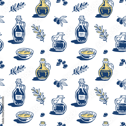 Mediterranean hand-drawn whimsical vector seamless pattern with olive oil bottles, olives and olive branches. Ideal for gourmet packaging and kitchen branding