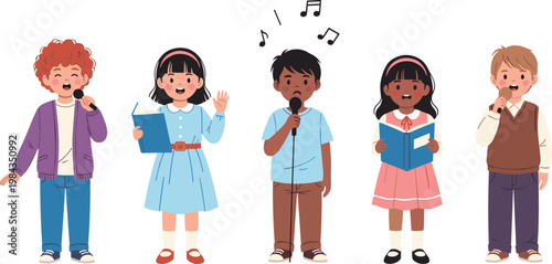 Children Singing Choir Set with Kids Holding Microphones and Songbooks Music Education Performance Flat Vector Illustration Collection