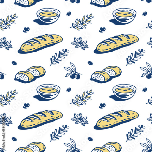 Mediterranean hand-drawn whimsical vector seamless pattern with bread, olives, herbs and olive oil dish. Ideal for bakery branding, food packaging and culinary textiles