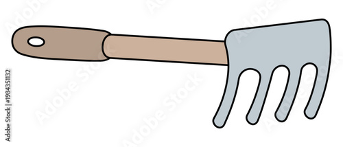 Mini garden rake. A tool for loosening soil and removing weeds with a wooden handle and a hole for hanging. Color vector illustration. Isolated on white background. Idea for web design.