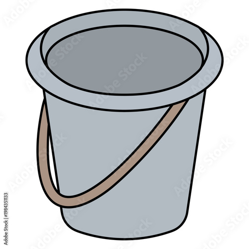 Garden bucket. Metal bucket with a brown handle and rim. Color vector illustration. Isolated on white background.  Gray container for gardening, cleaning, and waste collection. 