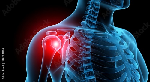 Medical illustration of a human shoulder joint showing pain in the rotator cuff area with anatomy diagram human body bone pain