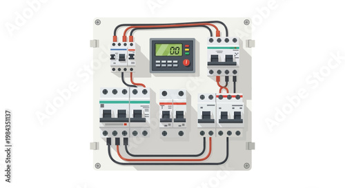 An electrical panel with circuit breakers wiring and a digital display presented as a flat silhouette high quality professional detailed modern