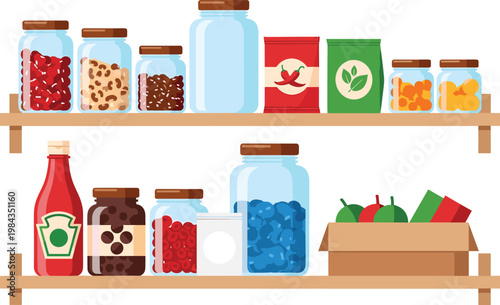 Kitchen Pantry Shelf with Food Storage Jars Spices Sauce Bottles and Grocery Box Organized Supplies Flat Vector Illustration Collection