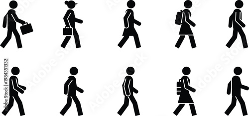 People walking icons: diverse individuals in motion with business person walking stick city life