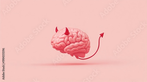 A pink brain with devil horns and tail floats in the air on a pink background