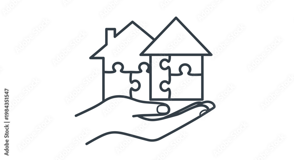 Fototapeta premium Hand Supporting Puzzle Pieces Shaped as Homes Highlighting Housing and Collaborative Design.