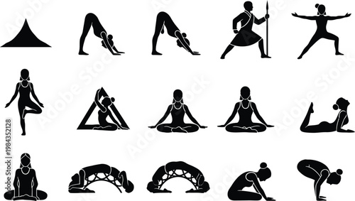 Collection of yoga poses silhouettes with white background silhouette meditation mindfulness