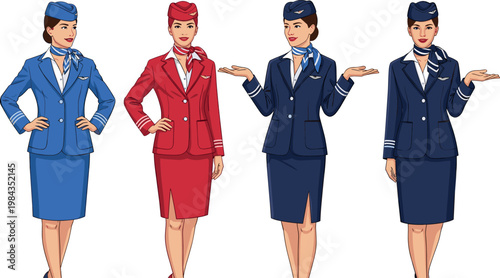 Airline Stewardess Vector Set in Blue, Red, and Navy Uniforms for Aviation, Travel, and Service Illustrations