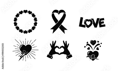 Set of black love vector silhouette illustration, line art collection, isolated on white background.