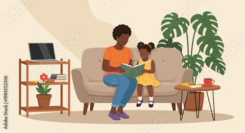 Mother Reading Book to Daughter at Home Cozy Living Room Scene Family Bonding Education and Parenting Flat Vector Illustration