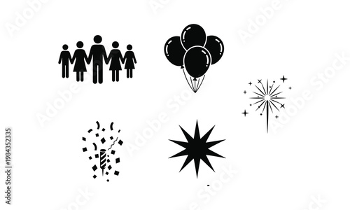 Set of black party and celebration vector silhouette illustration, line art elements, on white.