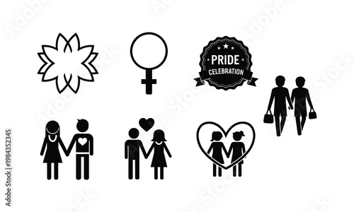 Set of black pride celebration vector silhouette illustration, line art collection, on white.