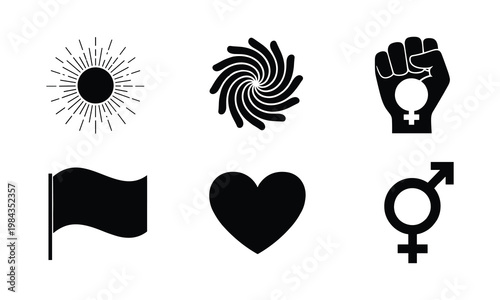 Sun, spiral, and feminist symbols set in vector illustration line art silhouette style.