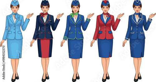 Airline Stewardess Vector Set with Stylish Uniforms in Blue, Red, and Navy for Aviation, Service, and Travel Illustrations