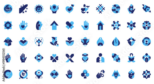 Extensive collection of blue vector icons featuring geometric shapes and symbols on a white background for graphic design use.