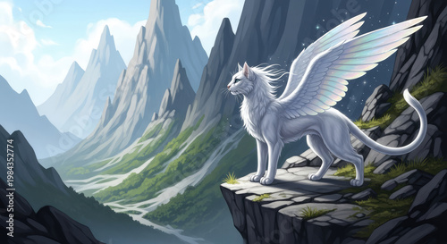 A majestic white winged lion stands on a cliff overlooking a serene mountain landscape