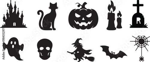 Halloween Silhouette Icons Set – Spooky Pumpkin Ghost Witch Bat Collection