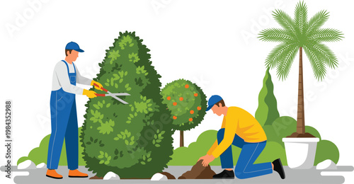 Garden Maintenance and Landscaping Concept with Workers Trimming Bushes and Planting Trees Outdoor Gardening Service Flat Vector Illustration