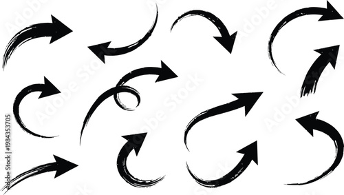 Collection of various black curved and circular arrows on white background