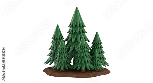 Group of stylized cartoon pine trees on a brown base