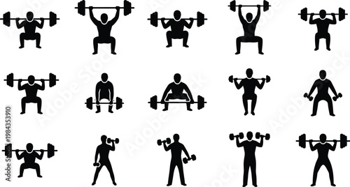 Collection of silhouette icons showcasing weightlifting exercises with barbells and dumbbells