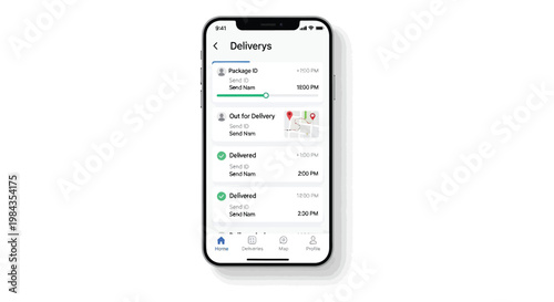 A smartphone displaying a delivery tracking application interface with package details and map silhouette high quality professional detailed modern elegant stylish