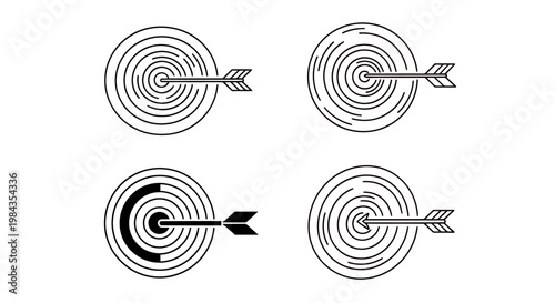 Set of four archery targets with concentric circles and arrows in different styles.