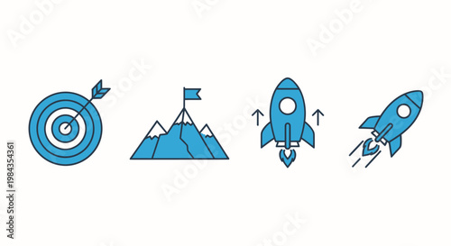 Minimalist icons of a bullseye target, mountain range, and rocket launch sequence.