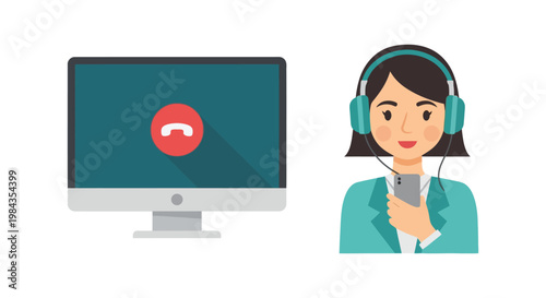 A woman wearing headphones utilizes a computer displaying a call icon representing remote communication and support silhouette high quality professional