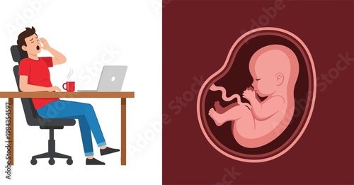 Pregnancy and Work Fatigue Concept with Man Working on Laptop Feeling Tired and Human Fetus Development Illustration Medical Flat Vector Design