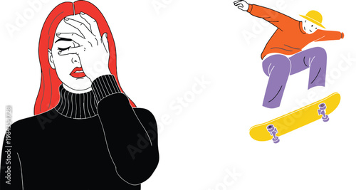 Emotional Stress and Skateboarding Activity Concept with Sad Woman Covering Face and Young Man Performing Trick Urban Lifestyle Flat Vector Illustration