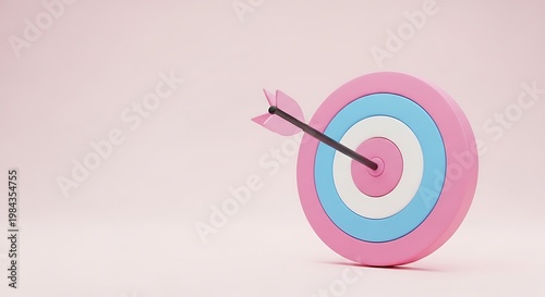 Pink and blue target with arrow hitting the center bullseye on pastel pink background for success concept bullseye achievement