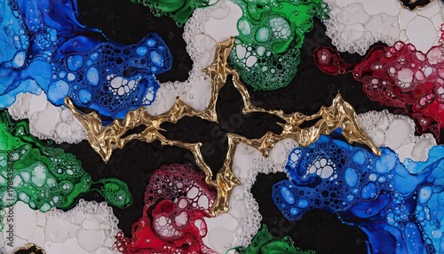 Abstract fluid art composition featuring vibrant blue, green, red, and black colors with gold accents creating a striking visual contrast and intricate patterns