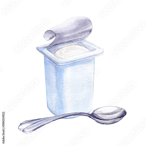 One Opened plastic package with Yogurt and teaspoon near it