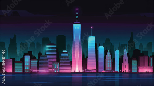 A vibrant digital art piece features a futuristic cityscape at dusk with abstract skyscrapers and neon lights reflecting on water.