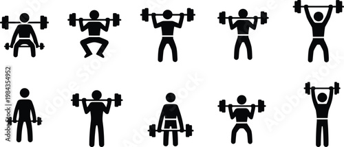 Variety of silhouette icons demonstrating weightlifting and strength training exercises