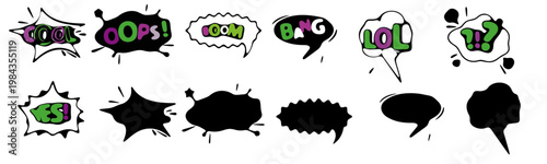 a collection of comic book speech bubbles and explosion shapes with fun words like cool oops boom bang lol and question marks isolated on a white background