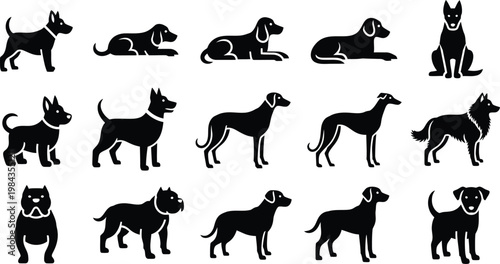 Collection of silhouette icons representing different breeds and poses of dogs with animal lover