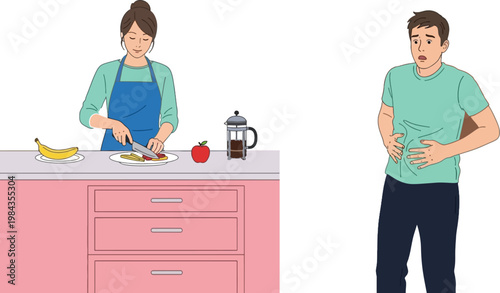 Healthy Cooking and Digestive Problem Concept with Woman Preparing Food in Kitchen and Man Suffering from Stomach Pain Flat Vector Illustration