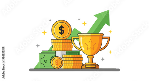 A vibrant illustration depicts financial success with coins a trophy and a rising arrow in silhouette high quality professional detailed modern
