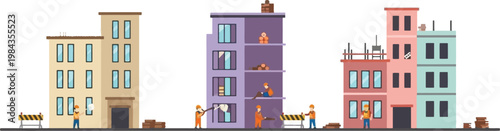 Urban Building Renovation Scene with Workers Repairing Apartments Construction Barriers and City Street Architecture Flat Vector Illustration