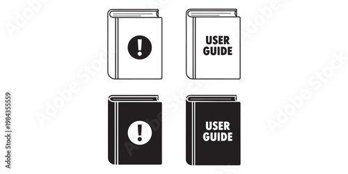 Black and white user guide icons with exclamation marks on isolated white background